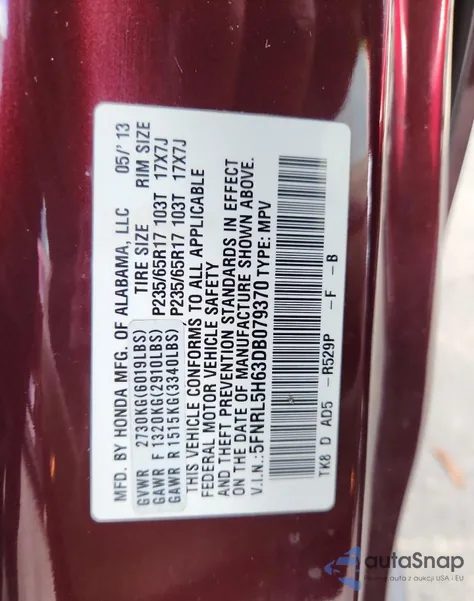 2013 Honda Odyssey Exl from USA, damaged, VIN 5FNRL5H63DB079370